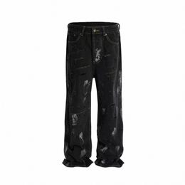 mud Dyed Graffiti Distred Hole Baggy Jeans for Men Frayed Streetwear Pantales Hombre Casual Hole Wide Leg Denim Trousers T9Jn#