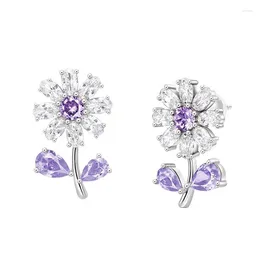 Stud Earrings Huitan Bling Flower Women Purple/Yellow Cubic Zirconia Aesthetic Floral Accessories Wedding Party Fashion Jewellery