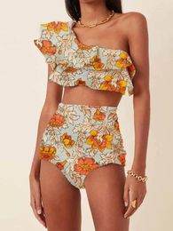 Women's Swimwear Fashion Yellow Flower Pattern Printed One Shoulder Separate Bikini Swimsuit Ruffle Design High Waist Fit