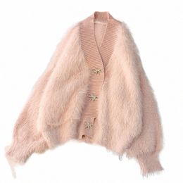 pink mink fluffy clothes women's coat autumn and winter women's new loose V-neck short sweater cardigan q7dD#