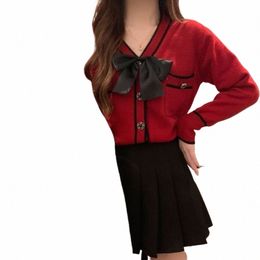 2023 Autumn New Fi Small Fragrance Top Design Sense: A Small Crowd Bow Tie up Sweater Coat Women's Cardigan z43W#