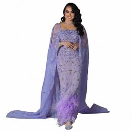 shar Said Dubai Luxury Feathers Lilac Evening Dr with Cape Sleeves Ankle Length Midi Arabic Women Wedding Party Gowns SS381 y1ST#