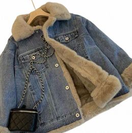 new Winter Fleece Thicken Denim Women Jacket Loose Casual Warm Jeans Coats Wear Fur Collar Lg Sleeves Oversized Female Clothes t1RW#