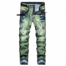 high Street Ripped Jeans for Men Four Seass Causal Denim Pants Persalized Ocean Green Straight Jeans Fi Youth Trousers R7Ro#