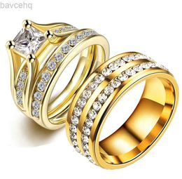 Wedding Rings Princess Cut Cubic Zirconia Couples Rings Stainless Steel Wedding Ring Set for Women and Men Party Jewellery Gold Colour 24329
