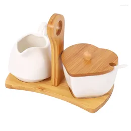 Storage Bottles Sugar Bowl And Creamer Set With Lid & Spoon Ceramic Cream Jug Wood Handle Coffee Serving