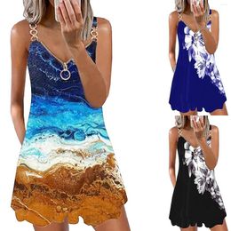 Party Dresses Women Summer Boho Floral Print Beach Dress V Neck Sleeveless Spaghetti Strap Sundresses With Pockets Side Sleeve