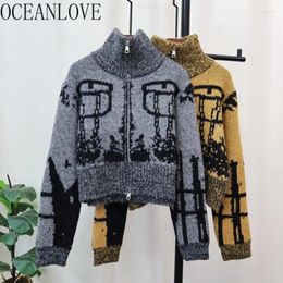 Women's Knits OCEANLOVE Contrast Colour Zipper Women Cardigans Vintage Autumn Witer Korean Fashion Sweaters Thick Stand Collar Knitwears