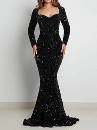 Long Sleeve Padded Sequin Maxi Dress Floor Length Sparkle Stretch V Neck Mermaid Formal Evening Night Party Gown Royal Blue 240328