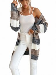 jim & NORA Autumn Women Cardigan V-neck Knitted Sweater Fi Warm Holiday Cardigan Colourblock Soild Colour Coat p96r#