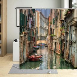 Shower Curtains Beautiful Small Town Water City Street The Building Night View Color Gate Pattern Home Curtain Washable Polyester