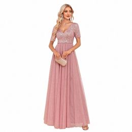 2024 Ladies Elegant Short sleeved Dr with Lace Embroidery V-neck A-line Sequin Evening Dr Bridesmaid Party Graduati Dres E0we#