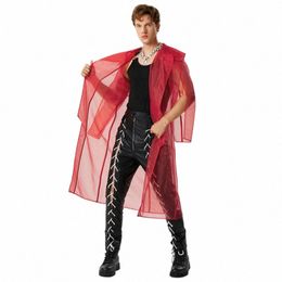 2023 Men Trench Solid Colour Lapel Lg Sleeve Mesh Streetwear Lg Style Coats Transparent Split Casual Male Jackets INCERUN z2pe#