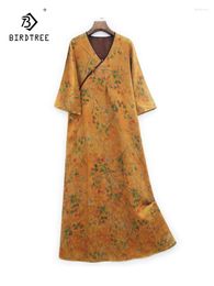 Casual Dresses BirdTree Real Silk XiangYunSha Elegant Women V-Neck Loose Waist Printed Vintage Commute Dress 2024 Summer D43755QC