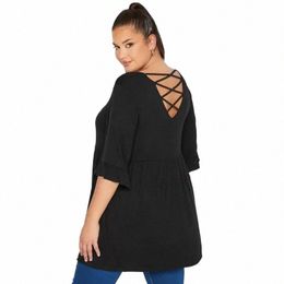 plus Size Back Cross Summer Elegant Tunic Tops Women Half Flare Sleeve Scoop Neck Casual Loose Fit Peplum Blouse Large Size 7XL S4TL#