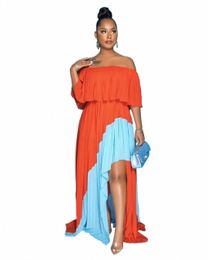 plus size casual dr, spring and autumn women's large color block off-shoulder layered asymmetric hem pleated dr E8Zy#