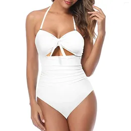 Women's Swimwear 2024 Sexy Cut Out Swimsuit High Waist Front Ruched Lace Up Summer Ladies Halter Neck Bodycon Whiter Bikinis