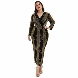 plus Size Women Party Dres Luxury Elegant Ladies Jacquard Lg Sleeve Dr Large Fi Lady Black V-Neck Evening Dres s94a#