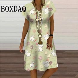 Party Dresses Women's Dress Cartoon Print Short-Sleeve Flower Easter Casual Every Day Wear Plus Size Summer V-Neck