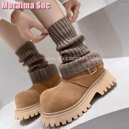 Boots Big Round Toe Belt Buckle Ankle Women's Frurry Autumn Winter Snow Warm Block Mid Heeled Fashion Brown Slip On 2024