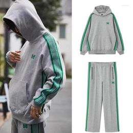 Men's Hoodies Green Striped Needles Hoodie Butterfly Embroidered High Street Sweatshirt Men Women Casual Loose Quality Tracksuit Set