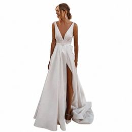 myyble Custom Made Sexy Side Slit Satin Bridal Gowns V Neck Open Back A-Line Plus Size Wedding Dres Bride Dr 2022 D3Hd#