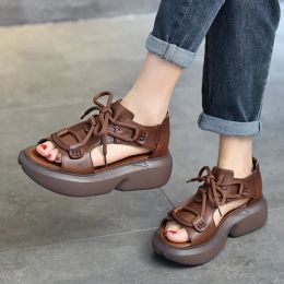 Sandals New Women's Sandals Genuine PU Leather Handmade Ladies Shoes Summer Thick Sole Women Retro Sandals Leather Gladiator Sandals