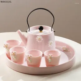 Teaware Sets Tea Pot Set Sheep Fat Jade Household Pink Lifting Beam Kettle Flower Teapot Cup Tray