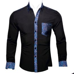 Men'S Dress Shirts Mens Barry.Wang Black Solid Blue Floral Splicing Men Long Sleeve Casual Soft For Designer Fit Shirt Bcy-0302 Drop Dhfhc