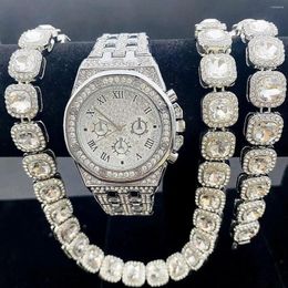 Chains 3PCS Iced Out Watch Bracelet Necklaces For Men Fashion Gold Luxury Diamond Cubana Bling Jewellery Watches291t