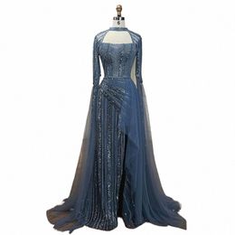 serene Hill 2024 Blue Mermaid Evening Gowns Luxury Beaded High Split Cape Sleeves Lg Dres for Women's Wedding Party LA72312 14md#