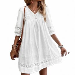 women's Dres Spring Summer New Casual Dres Fi V Neck Half Sleeve Lace Dres White Loose Beach Sundres M978#