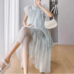 Maternity Dresses Pregnant Women Summer Dress French Retro Flight Sleeves Loose Blue Dress White Pregnant Women Tank TopL2403