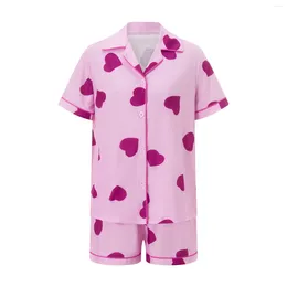Home Clothing Women 2 Piece Pyjamas Set Spring Summer Heart Print Short Sleeves Button Shirt And Elastic Shorts For Loungewear Soft