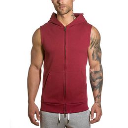 Mens Lace Up Hooded Open Zipper Sweater Sleeveless Fashion Sports Coat Wear