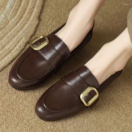 Casual Shoes Women's Genuine Leather Round Toe Metal Buckle Decoration Slip-on Flats Loafers Warm Plush Winnter Moccasins Women