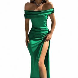 women's Formal Dres Fi Solid Colour Off Shoulder Satin Slim Side Slit Midi Dr Elegant Party Evening Dr For Women 53ny#