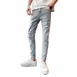 pantales Hombre Fi New Slim Fit Ripped Jeans Pants For Men Clothing 2023 All Match Comfortable Denim Trousers Grey Sale S6rT#