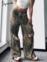 Women's Jeans Leopard Print Ripped Hole Baggy For Fashion 2024 Spring Summer Women Pants Oversized Streetwear Denim Straight