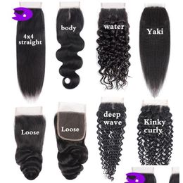 Hair Wefts Brazilian Virgin Human Weave Closures Body Wave Loose Deep Straight Kinky Natural Black 4X4 Lace Drop Delivery Products Ext Dh8Wq