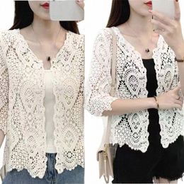 women Knitted Lace Shrug Boho Hollow Crochet Floral 3/4 Sleeves Open Frt Cropped Cardigan Elegant Mesh Sweater Coveup F4lw#