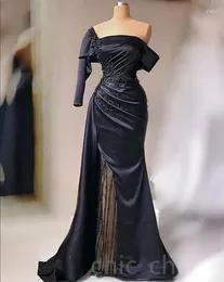 Party Dresses Aso Ebi Black Mermaid Prom Pearls Beaded Pleated Stain Arabic Long Sleeve Evening Reception Occasion Gowns