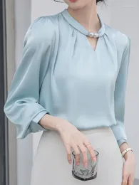 Women's Blouses French Vintage Elegant Satin For Women Office Ladies Solid Professional Halter Pearls Beading Blouse 2024 Spring Tops