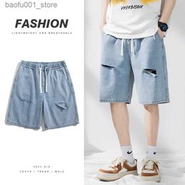 Men's Shorts Ripped Holes Mens Denim Shorts Summer Thin Baggy Straight Fashion Streetwear Elastic Waist Casual Short Jeans Korean Clothing Q240329