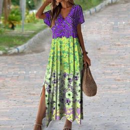 Party Dresses Floral Print Dress Colorful V Neck Maxi For Women Retro Ethnic Style Ankle Length Beach Vacation With Side
