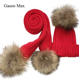 Children knitted Scarf and Hat Set Luxury Winter Warm Crochet Hats and scarves with Real fur pom Beanie Hat for boys and girls