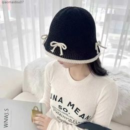Beanie/Skull Caps New Japanese Simple Edition Womens Bucket Hat Summer Fashion Bow Design Retro Color Colase Bowl Hatl2403