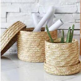 Baskets Zerolife 1Pc Desktop Storage Basket With Lid Straw Woven Snack Small Toy Organizer MultiPurpose Organization Box Hand Gift Box