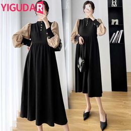 Maternity Dresses 2023 Autumn Pregnant Womens Elegant and Fashionable Button Dress Long sleeved Patched Work Tank TopL2403