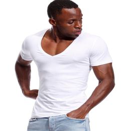 Deep V Neck T Shirt For Men Low Cut Vneck Wide Vee Tee Male Tshirt Invisible Undershirt Model Scoop Hem Slim Fit Short Sleeve Men3436036